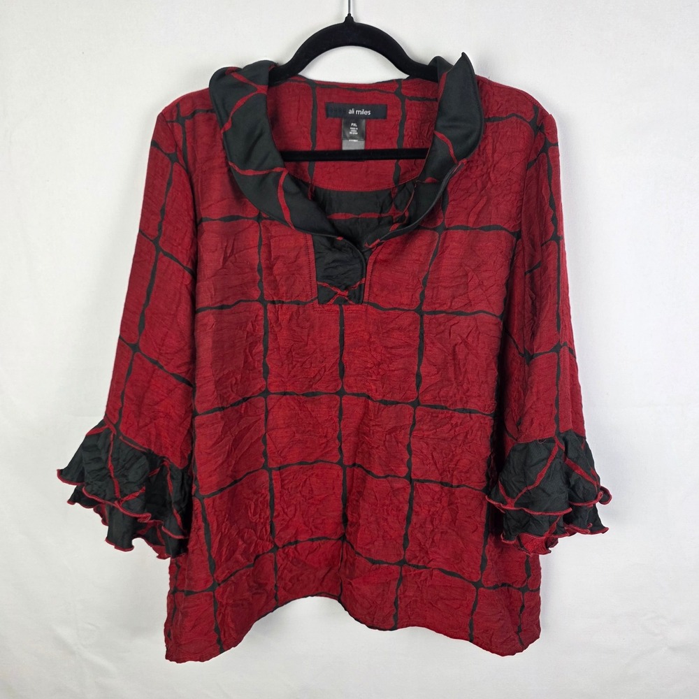 Ali Miles Womens PXL Red Black Grid Crinkle Ruffle Sleeve Tunic Top Petite XL